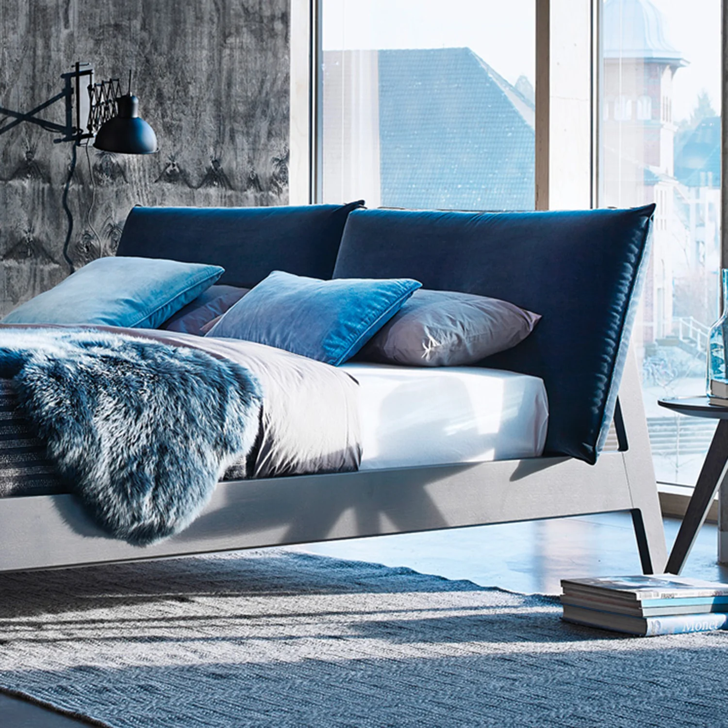 moeller design | alva wooden bed (KING) | mud grey + stained oak bed sides | city velvet color 183 fabric cushion - Image 3
