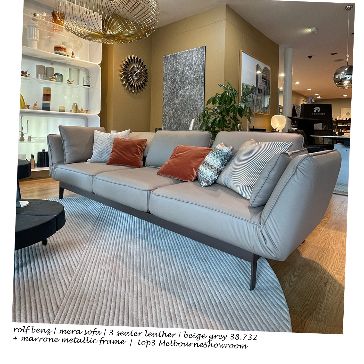 rolf benz | mera sofa | 3 seater leather | beige grey 38.732 + marrone metallic frame - Image 3